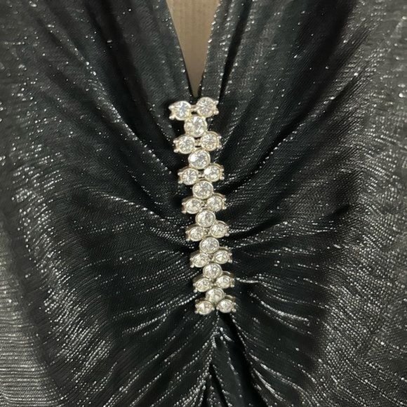 Thea Dora Halter Evening Gown, Black Shimmer Rhinestone Pleated Whimsigoth Sz 10 - Picture 13 of 15